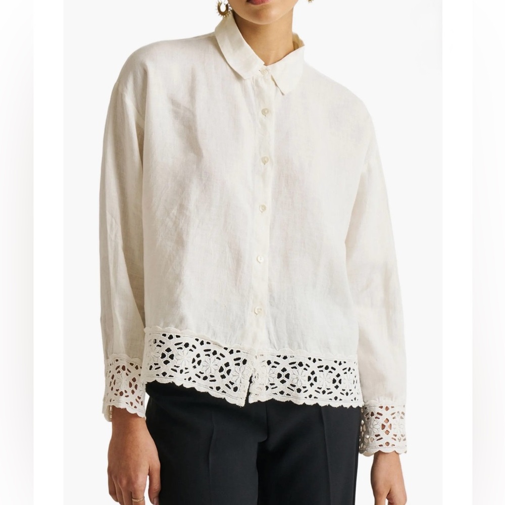 Reistor Women's Off-White Button-Down 100% Hemp Blouse with Eyelet Hem